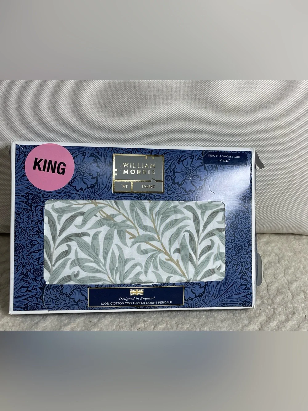 2 WILLIAM MORRIS Willow Bough Soft Mineral 200 TC Cotton King Pillowcases NIB